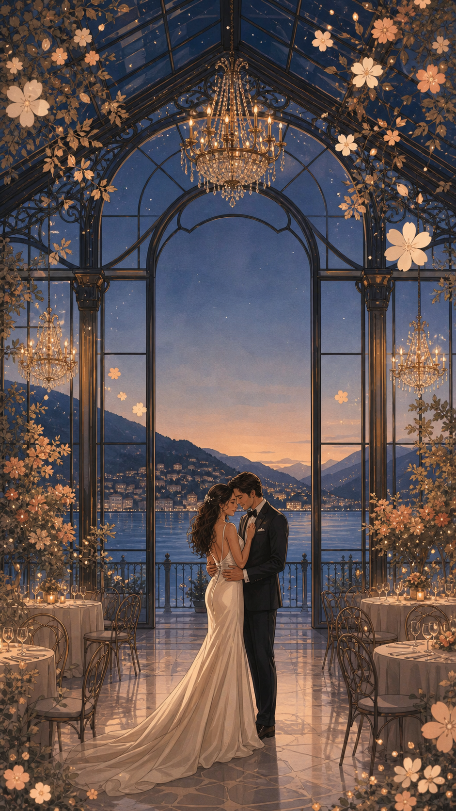Illustrated glasshouse on Lake Como at dusk, with Alessia and Matteo beneath a chandelier